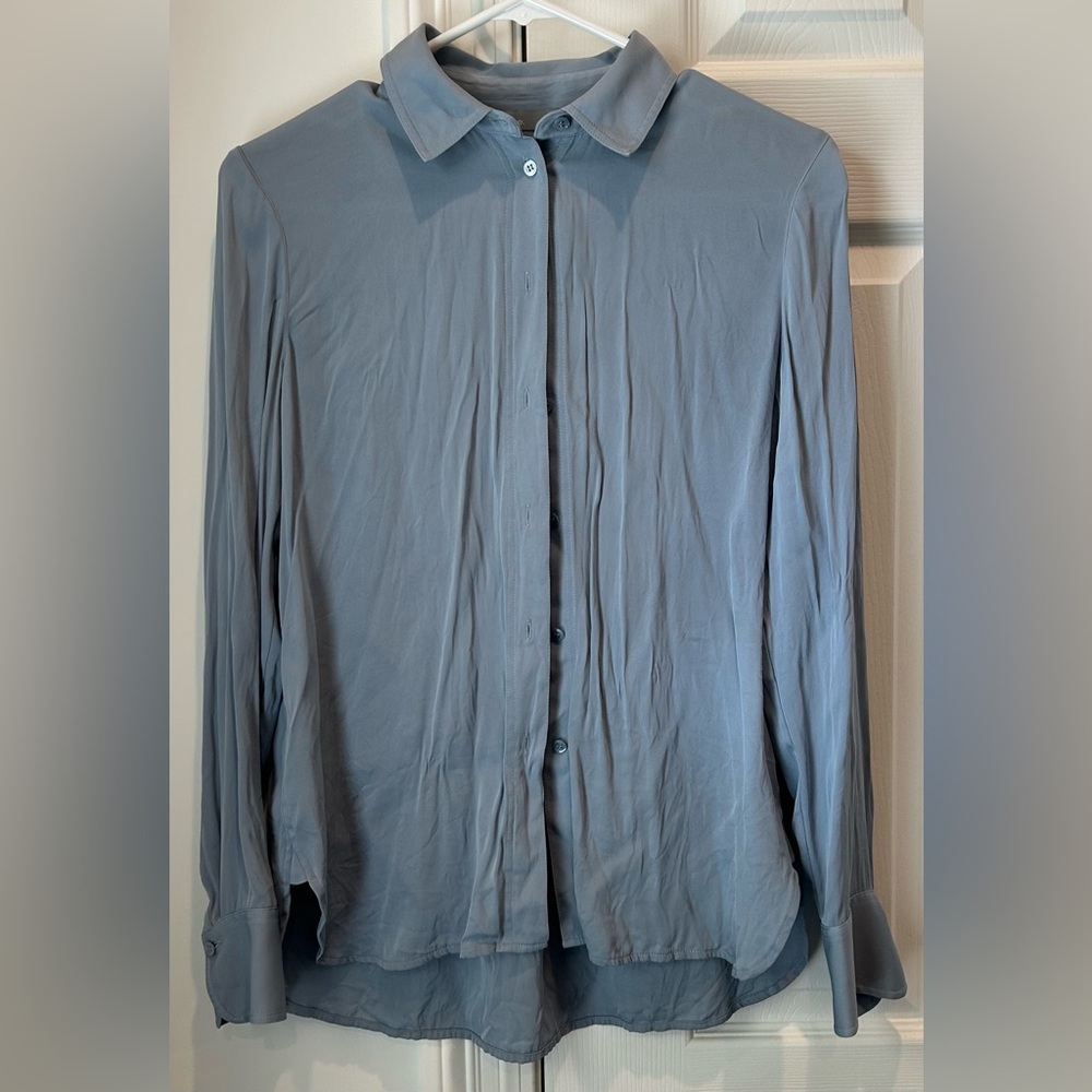 Vince Button Down Grey Satin Long Sleeve Shirt